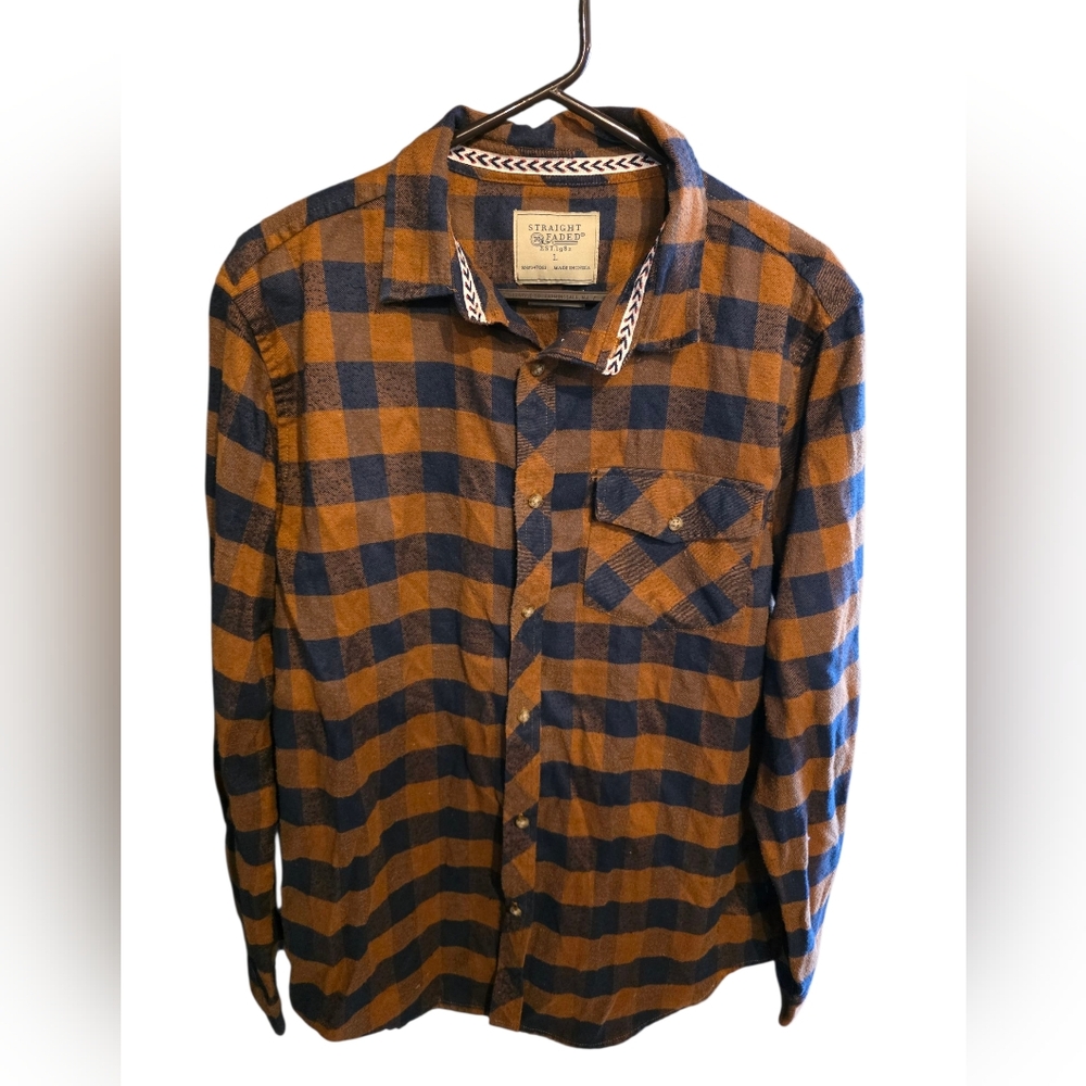 Straight Faded Blue and Brown Plaid Shirt Size Laege Flannel